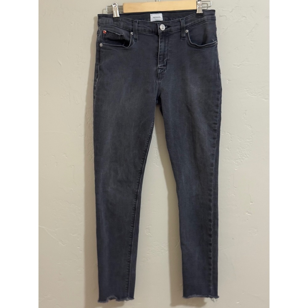 Hudson jeans 29 Natalie super skinny charcoal gray raw fray hem Union Jack